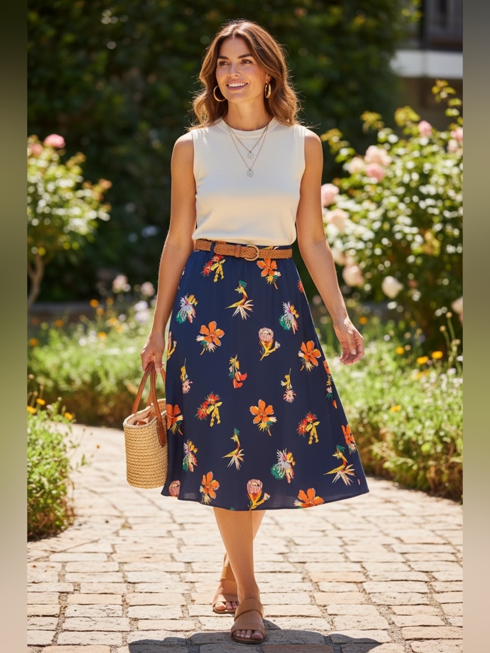 Madewell 100% Silk Floral Midi Skirt Size 8 Navy Blue A-Line